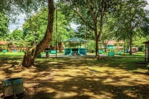 A gazebo at the center of the park. 