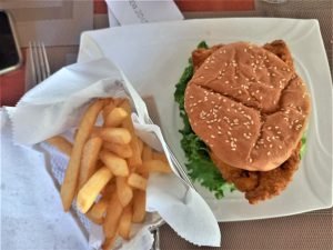 The excellent fish burger at the Terraba Restaurant