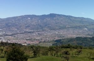 Mountains and city.