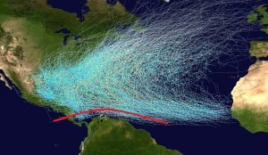 Storm tracks are deflected by Veneuela and Colombia, visible curving to the north.