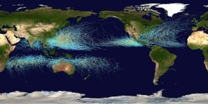 The equator area is virtually tropical-cyclone free, as seen in this map.