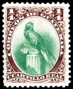 A Guatemalan stamp from 1879, featuring the Quetzal.