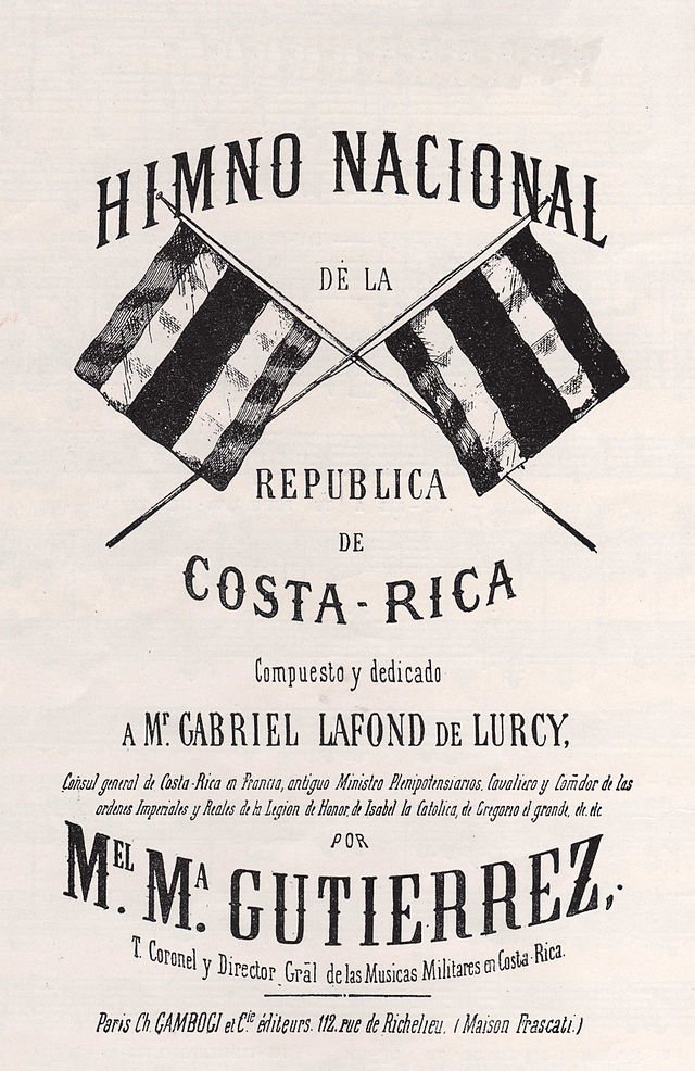 The cover of the first, 1864 edition of the Costa Rican National Anthem. c/o wikicommons.