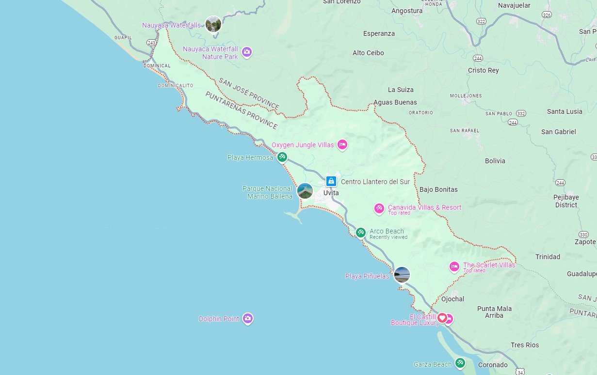 The Bahia Ballena district which roughly corresponds to Costa Ballena - although Costa Ballena extends a bit north of Dominical and a bit south of Ojochal. c/o google maps.