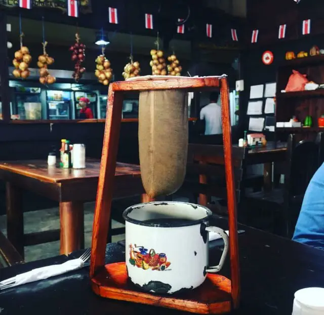 Traditional, and still very popular, method of preparing coffee in Costa Rica. c/o wikicommons. 