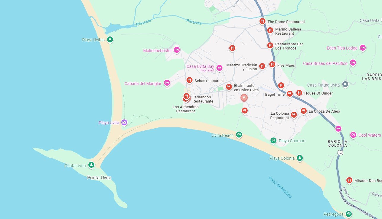 There is no better location in Costa Rica - where residential and commercial development options exist in such a close proximity to countless natural wonders and tourist attractions. Pictures is Uvita, with her beaches and activities to th eleft and restaurants to the right. c/o google maps.