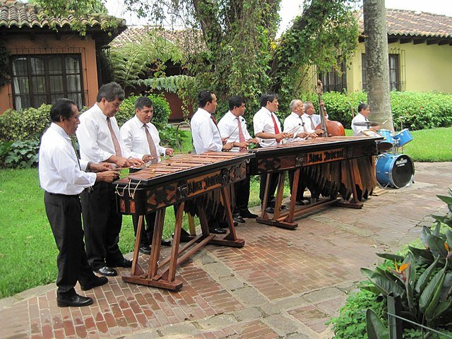 A large band playing the marimba alongside other instruments. c/o wikiconnons Marina Kuperman Villatoro.