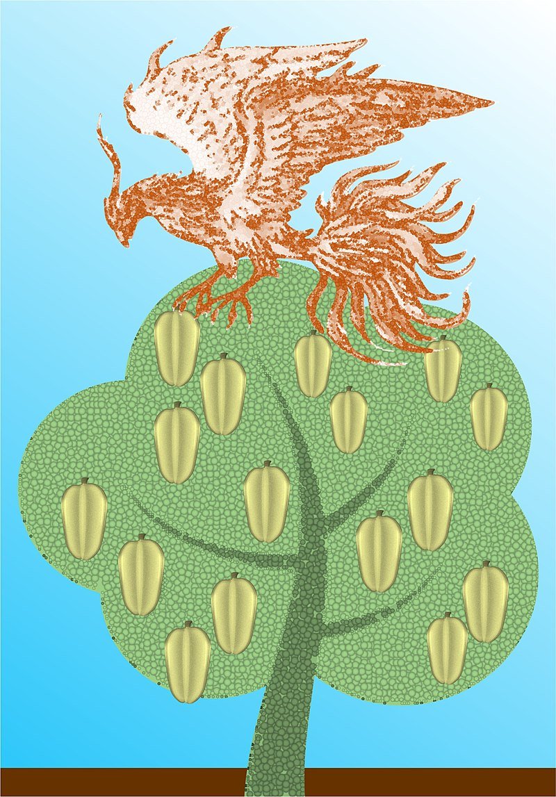 An illustration from the book 'The Golden Starfruit Tree', showing the magical bird which teaches a lesson of humbleness and contentment. c/o Unpear , wikicommons.