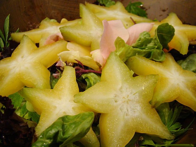 A Thai Starfruit Salad may include countless ingredients and combinations - including fruit, vegetables, spices, fish, shrimp, beef, pork, jerky, duck or chicken, and so many other options. Pictured is a very simple example. c/o Yam Maduea, wikicommons.