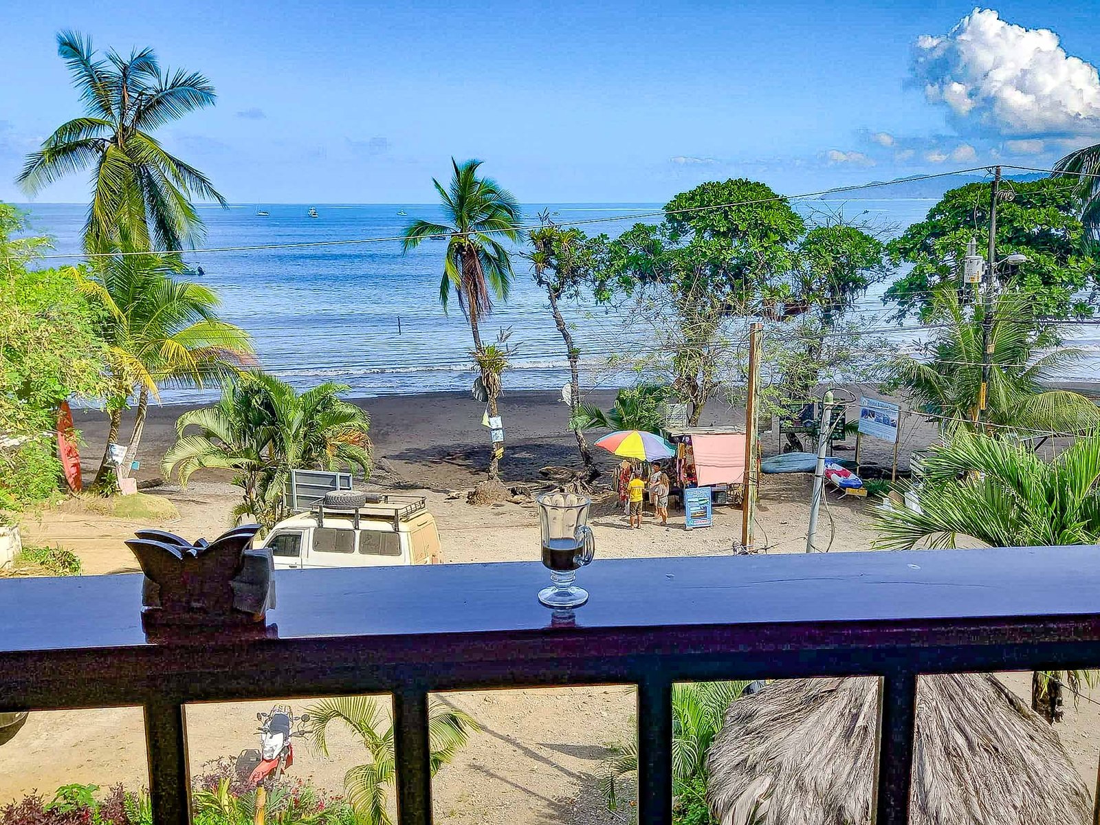 A morning flat white at Marisqueria Roberto's - served in a very unconventional cup - overlooking the beautiful Playa Colorada.