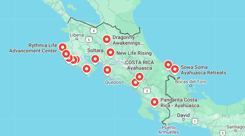 The number of Ayahuasca and Medicinal Plant retreats has grown tremendously over the past decade. c/o Google Maps.