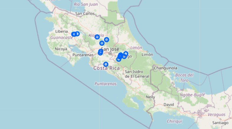 Locations of Costa Rica's hydro energy plants. As can be seen, all are located in the northern half of the country. c/o database.earth