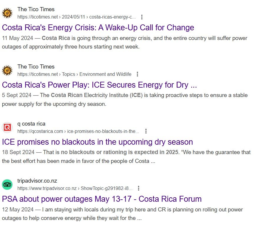 News articles from 2024 concerning the (narrowly avoided) power crisis in Costa Rica, due to a few factors but, especially, the severe dry season that impacted hydro power generation.