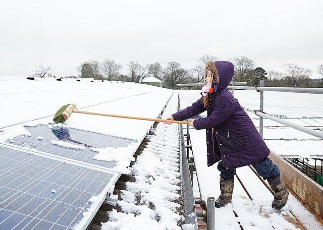 Foreign matter can affect solar power generation. A thin layer of duct can decrease output by 30% while snow can be almost 100% effective at rendering sola panels useless. c/o Oliver Rudkin, wikicommons.