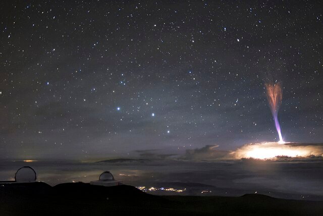A gigantic jet (Blue Jet derivative) photographed from the Gemini Observatory on Mauna Kea on July 24, 2017. c/o International Gemini Observatory/NOIRLab/NSF/AURA/A. Smith, wikicommons.