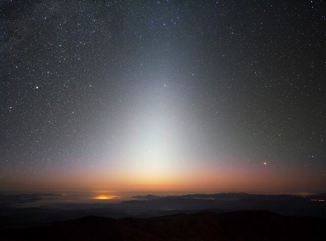 The zodiacal light is sunlight reflected by dust particles between the Sun and Earth, and is best seen close to sunrise or sunset. c/o ESO Y/ Beletsky, wikicommons.