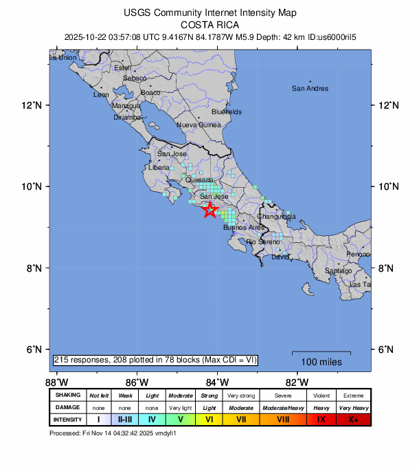 The quake was felt all over Costa Rica and in parts of Panama, including near Panama City. c/o USGS.